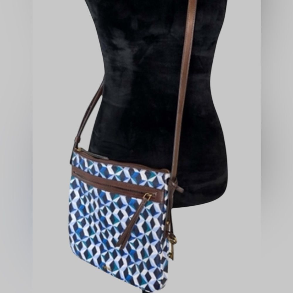 Fossil Fiona crossbody bag with a blue and brown geometric pattern
